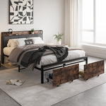 Queen Size Bed Frame, Storage Headboard with Charging Station and 2 Drawers, Solid and Stable, Noise Free, No Box Spring Needed, Easy Assembly, Vintage Brown and Gray W840137808-djyc