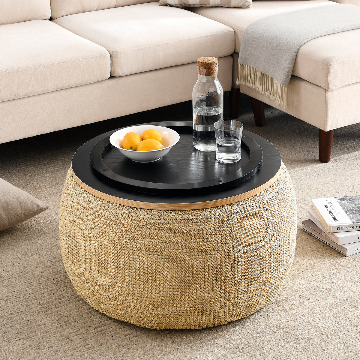 Round Storage Ottoman, 2 in 1 Function, Work as End table and Ottoman, Natural (25.5"x25.5"x14.5") W48762888-djyc