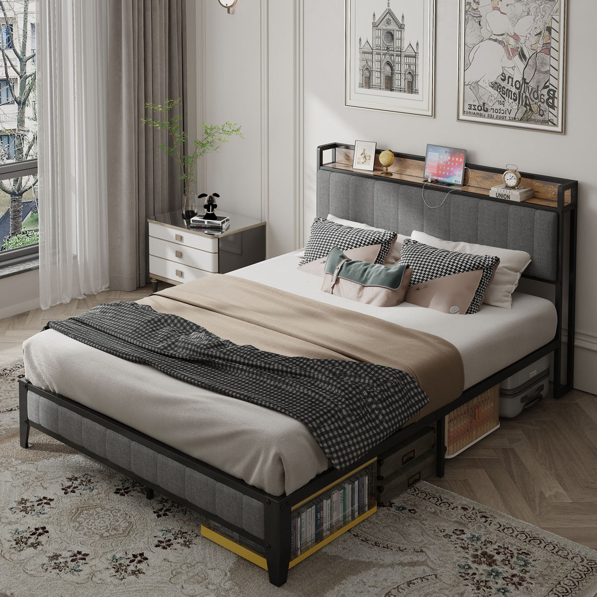 Queen Size Bed Frame with Charging Station, Upholstered Headboard, Metal Platform, Grey W1960131346-djyc