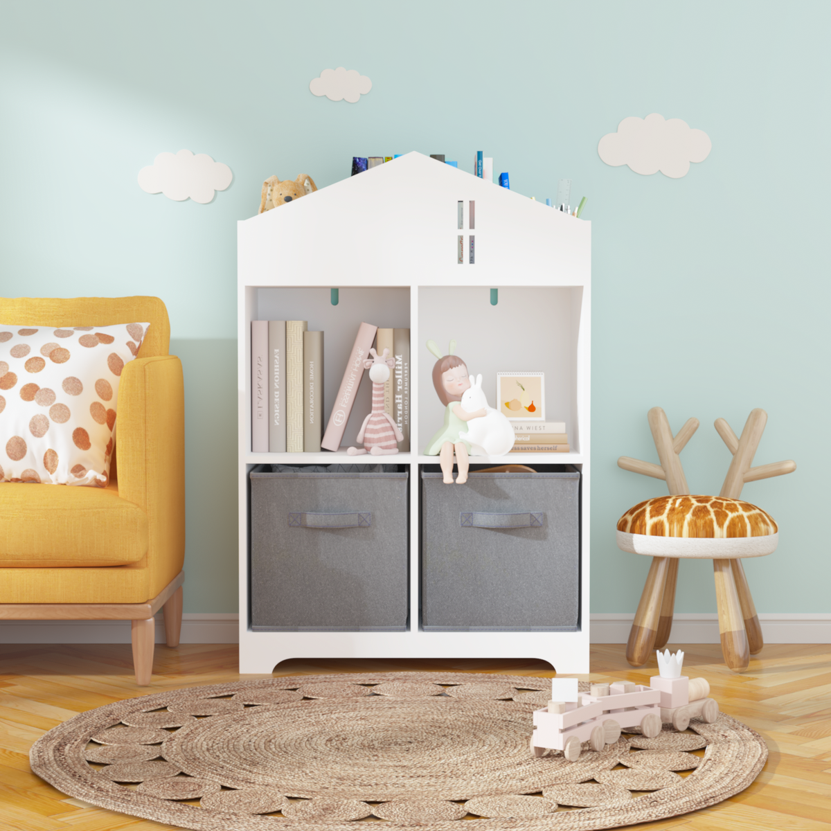 Kids Dollhouse Bookcase with Storage, 2-Tier Storage Display Organizer, Toddler Bookshelf with 2 Collapsible Fabric Drawers for Bedroom or Playroom (White/Gray) W808122614-djyc