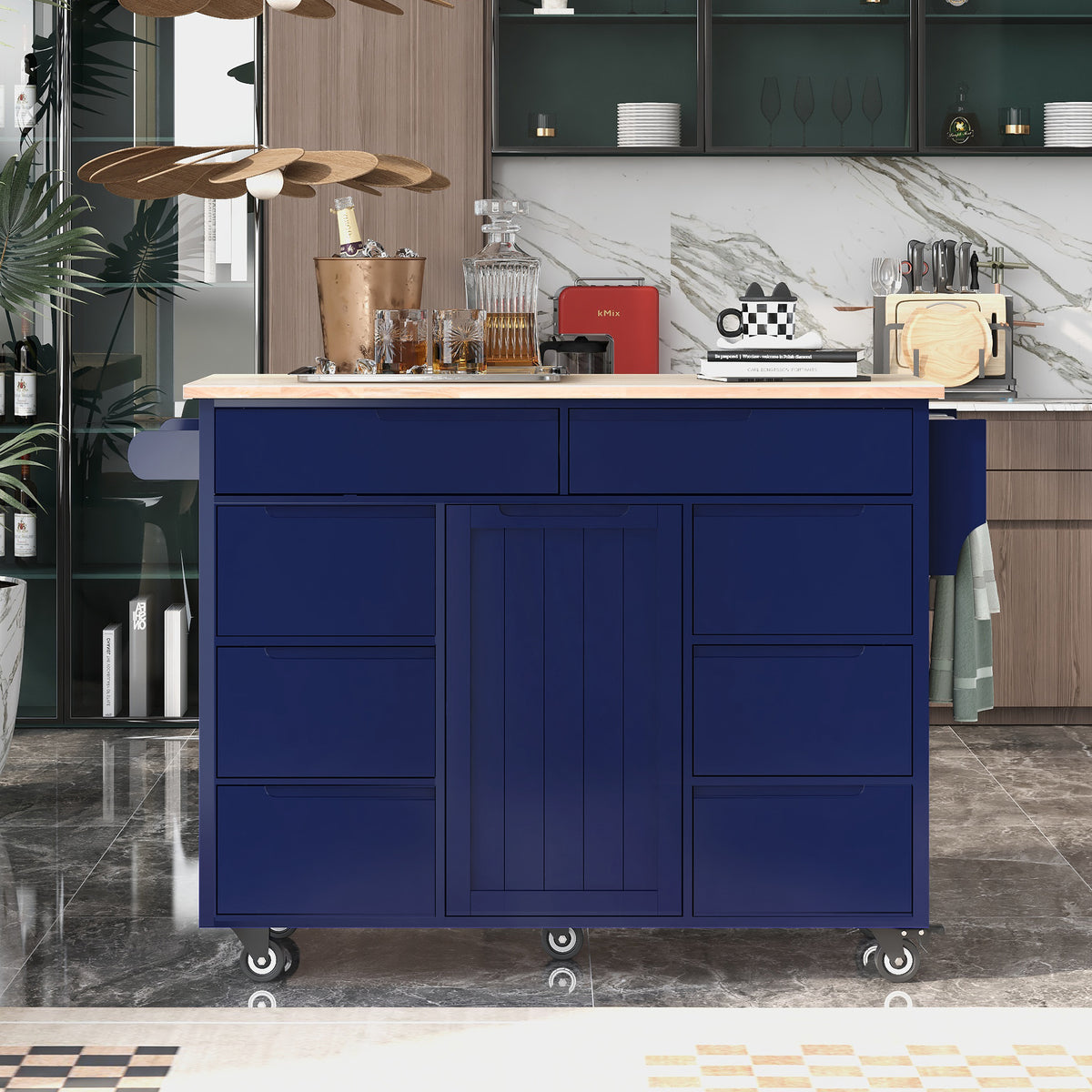 K&K Store Kitchen Cart with Rubber Wood Countertop , Kitchen Island has 8 Handle-Free Drawers Including a Flatware Organizer and 5 Wheels for Kitchen Dinning Room, Dark Blue SK000002AAG-djyc