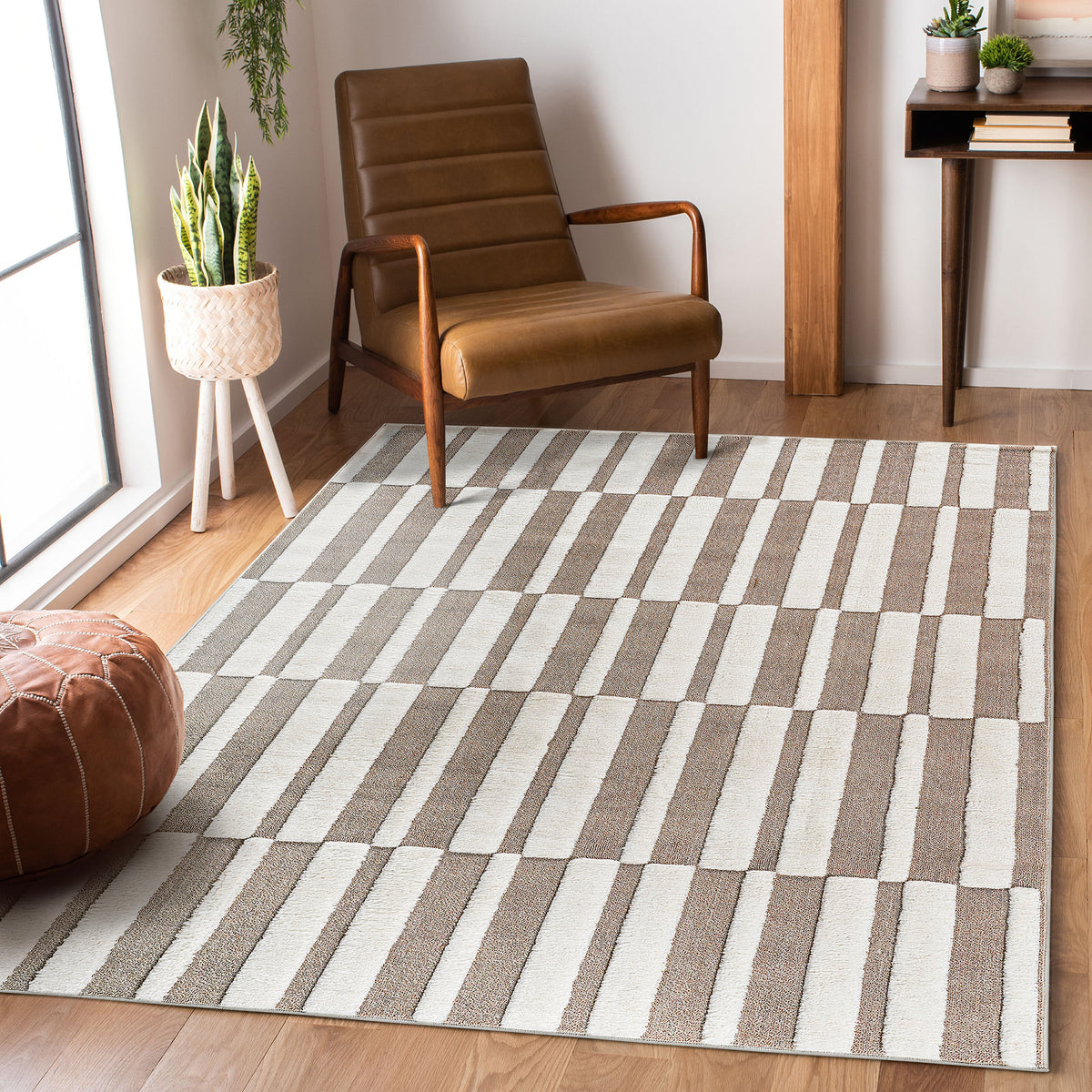 Step Collection High-Low Striped Beige/Cream Indoor Area Rug, 5'3''x7'6'', Modern, Contemporary, Geometric, Bohemian, Bedroom, Kitchen, Living Room, Non Shedding Carpet-B189P448787