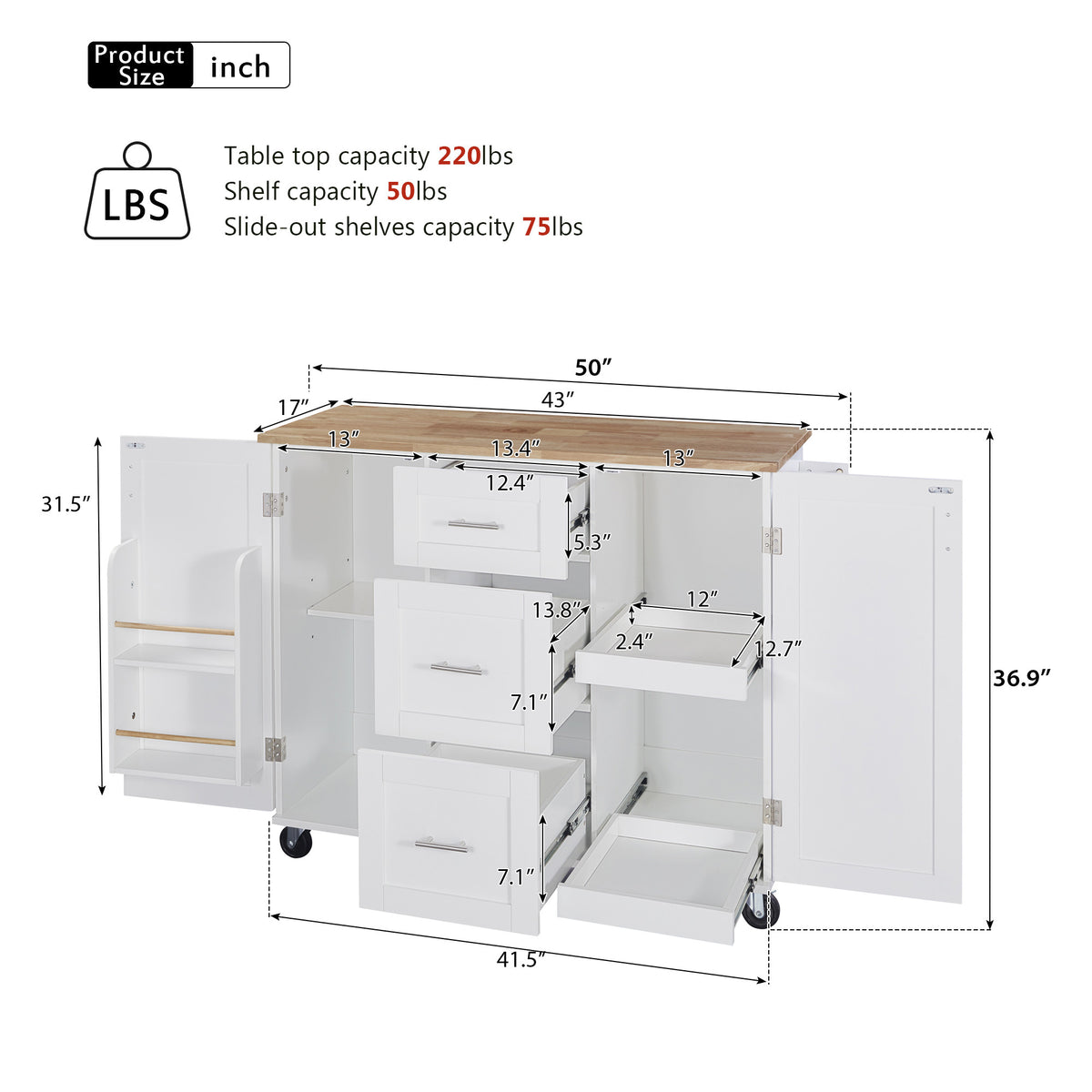 K&K Rolling Kitchen Island with Storage, Kitchen Cart with Rubber Wood Top, 3 Drawer, 2 Slide-Out Shelf and Internal Storage Rack, Kitchen Island on Wheels with Spice Rack & Tower Rack, White WF316599AAW-djyc