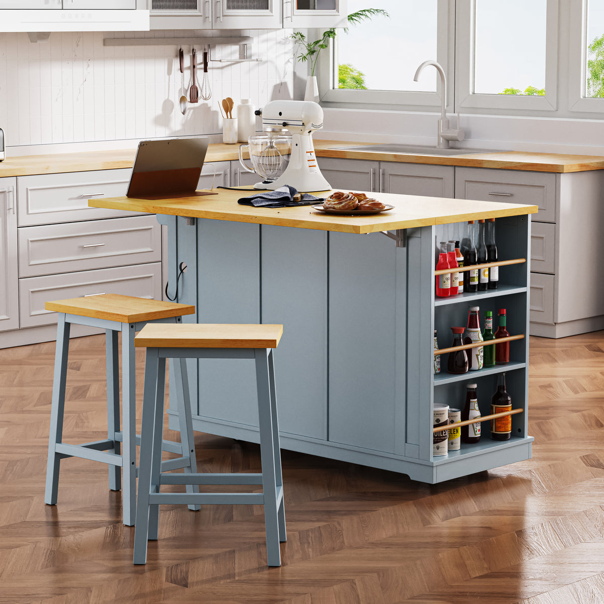 K&K 53inch Large Kitchen Island with Drop Leaf,Power Outlet,Door Internal Storage Rack,Rolling Kitchen Cart on 5 Wheels with 5 Open Side Racks for Kitchen,Dining Room,Grey Blue(Not include bar stools) N707P185531G-djyc