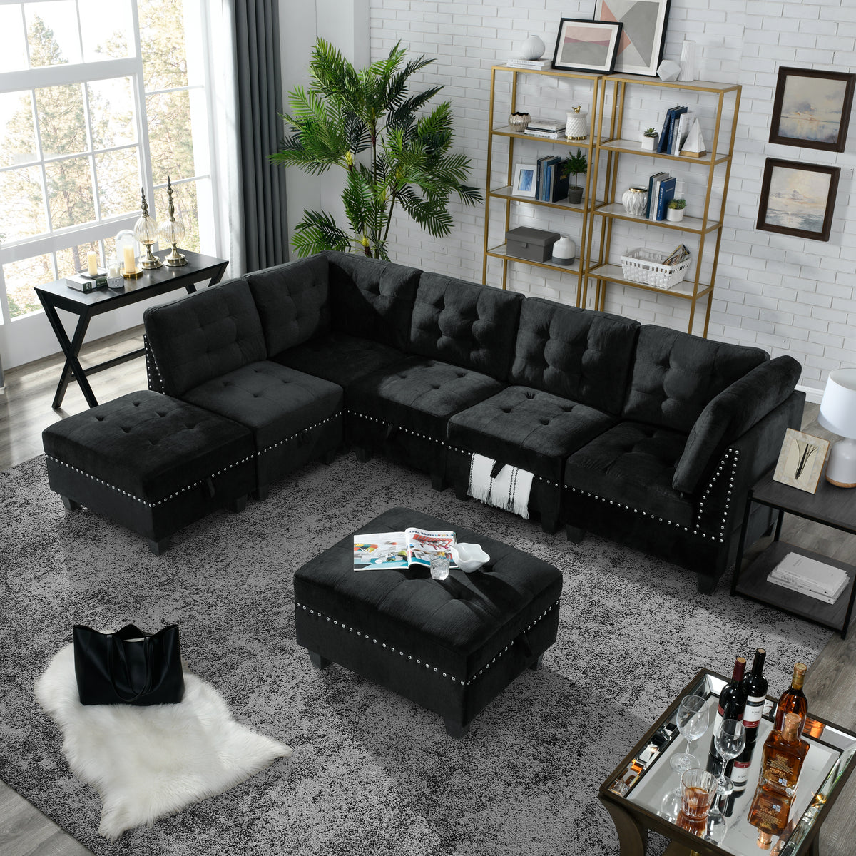 L shape Modular Sectional Sofa,DIY Combination,includes Three Single Chair ,Two Corner and Two Ottoman,Black Velvet. W487S00071-djyc