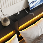 Full Size Metal Bed Frame with Wooden Headboard, RGB Lights, Outlets & Charger, Storage Shelf, Noise-Free, No Box Spring Needed W840P209906-djyc