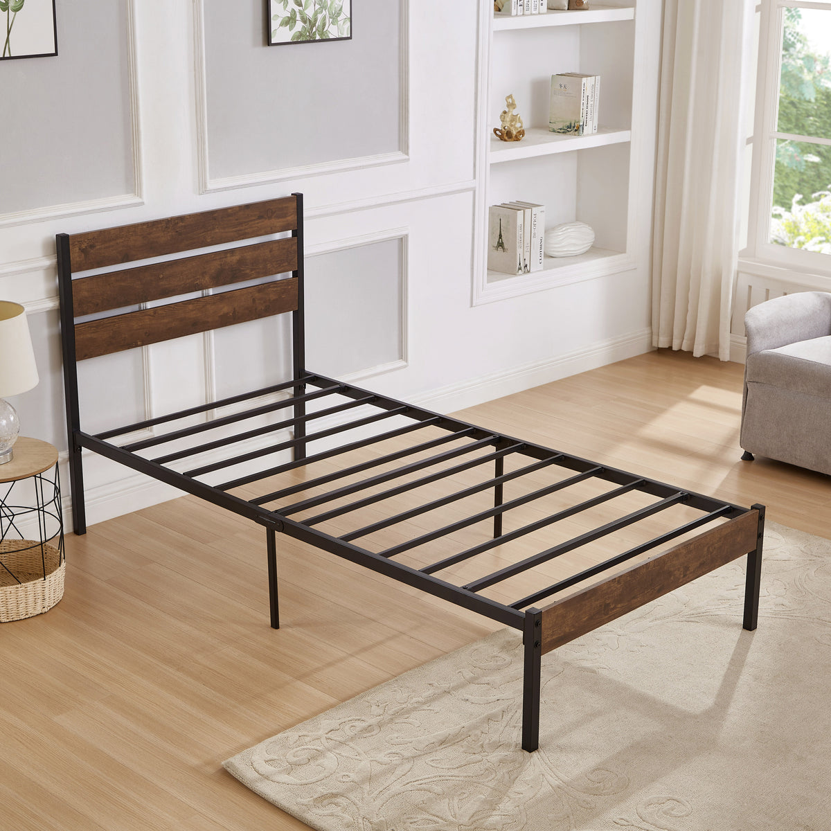 Twin Size Bed Frame with Wood Headboard, Metal Frame with Strong Slats, Noise Free,No Box Spring Needed-Brown W2336P167500-djyc