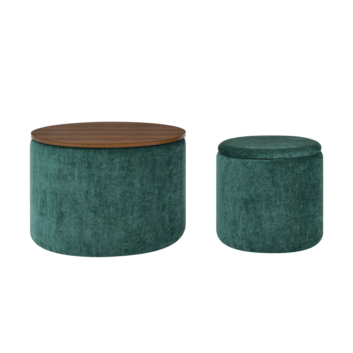 2-Piece Set Round Chenille Storage Ottoman, Equipped with a Drum Shaped Small Stool, Storage Space, and MDF Made Desktop Panel (Dark Green23.62"x23.62"x16.53") W487P179603-djyc