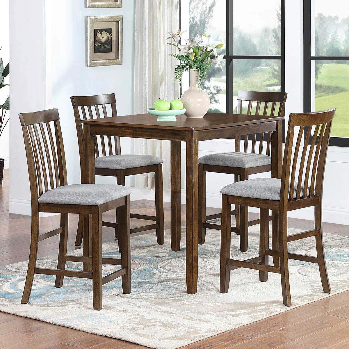 5 Piece Dining Table Set, Wooden Dining Square Table Set for 4, Counter Height Kitchen Table Set with Square Table and 4 Upholstered Chairs for Small Space, Walnut W1998S00034-djyc