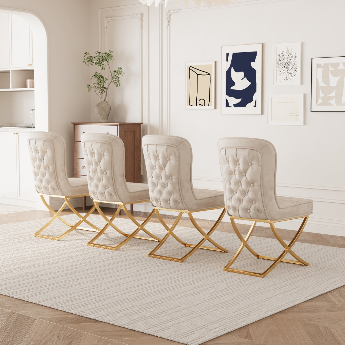 Dining Chair Set of 4, Beige velvet Backrest and golden Metal legs.For Modern Kitchen Dining Room Chair for Kitchen Living Modern decorative Leisure chairs.Office chairs y-2009 W1727S00010-djyc