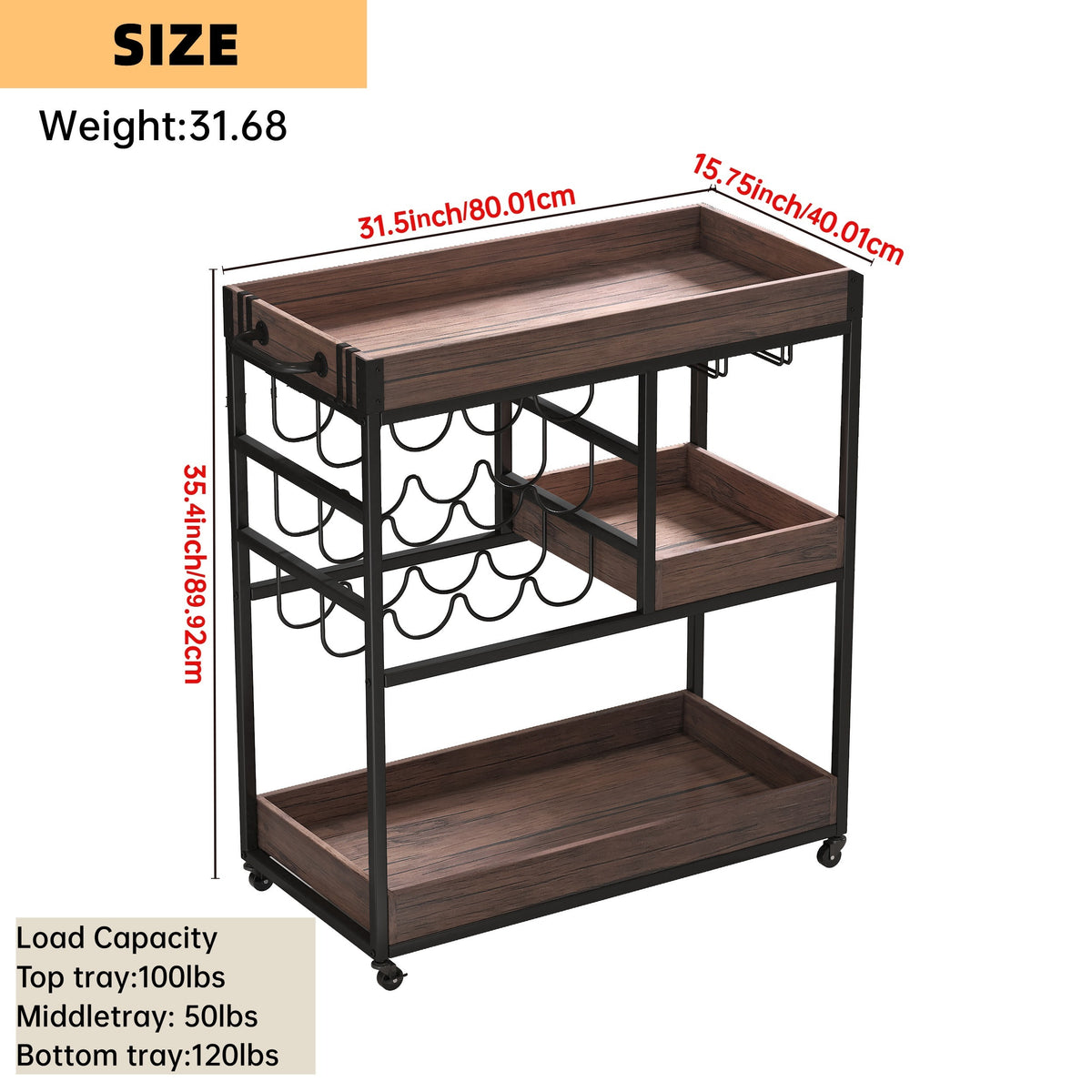 3 Tier Industrial Rolling Serving Cart with Lockable Wheels, Wine Rack Cart with Glass Holder for Indoor and Outdoor, Beverage Trolley cart with 2 Removable Tray, W2557P195401-djyc