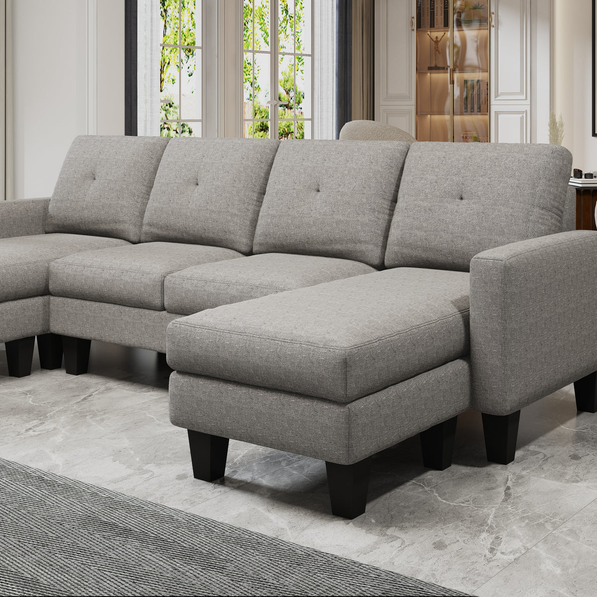 U-Shaped Sofa Coch 4-Seat Sofa with Chaise Polyester Fabric for Living Room Apartment Office (Light Grey) W1669S00003-djyc