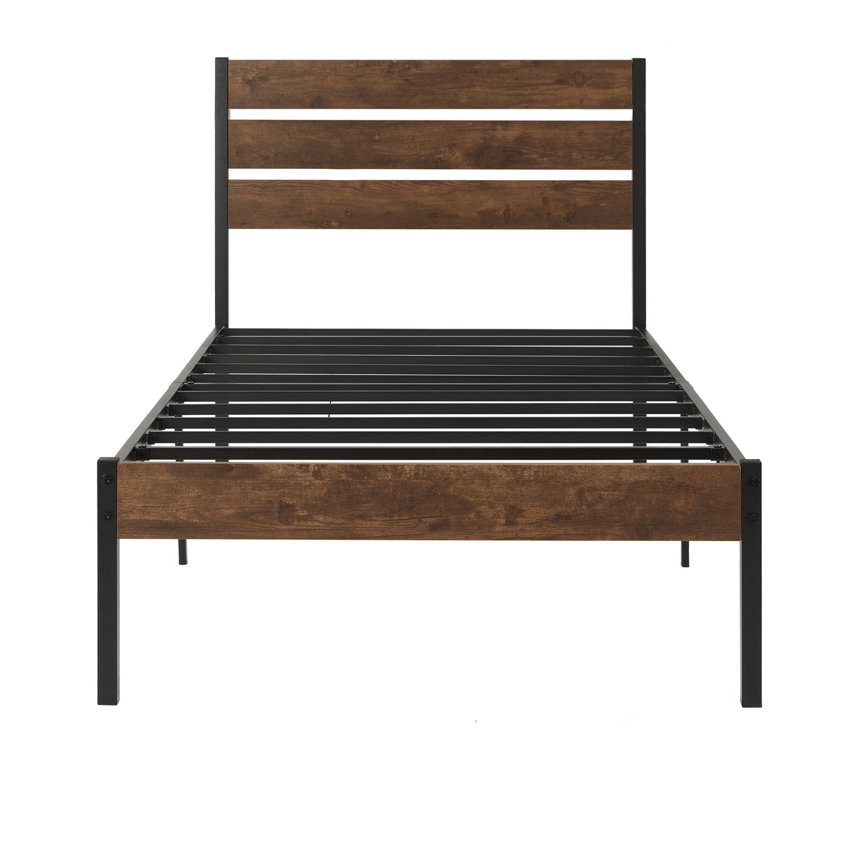 Twin Size Bed Frame with Wood Headboard, Metal Frame with Strong Slats, Noise Free,No Box Spring Needed-Brown W2336P167500-djyc