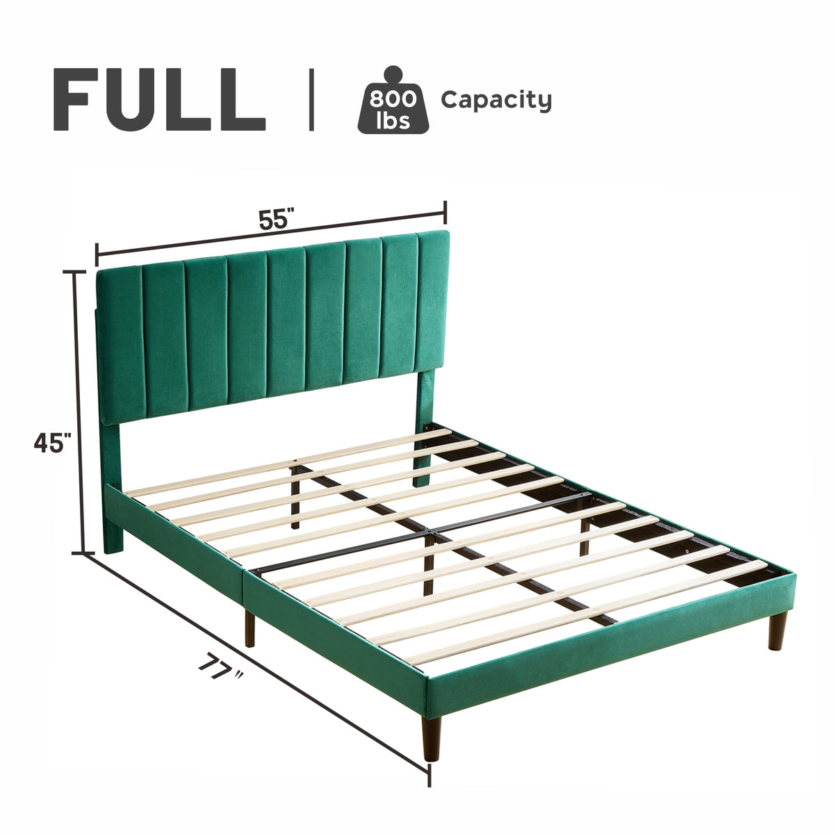 Full Size Frame Platform Bed with Upholstered Headboard and Slat Support, Heavy Duty Mattress Foundation, No Box Spring Required, Easy to Assemble, Green W1793115351-djyc