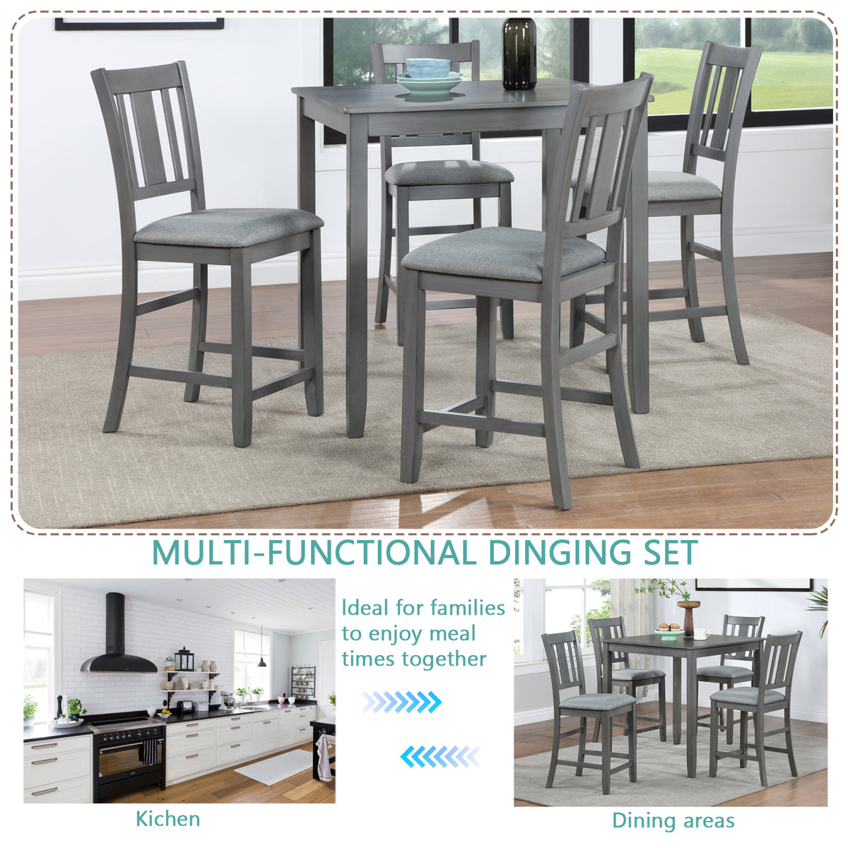 5 Piece Dining Table Set, Wooden Dining Square Table Set for 4, Counter Height Kitchen Table Set with Square Table and 4 Upholstered Chairs for Small Space, Gray W1998S00031-djyc