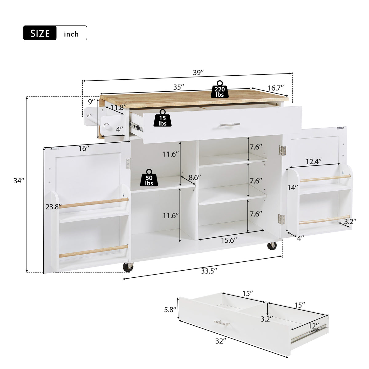 K&K Rolling Kitchen Island with Storage, Kitchen Cart with Rubber Wood Top, Spacious Drawer with Divider and Internal Storage Rack, Kitchen Island on Wheels with Adjustable Shelf Tower Rack, White WF316601AAW-djyc