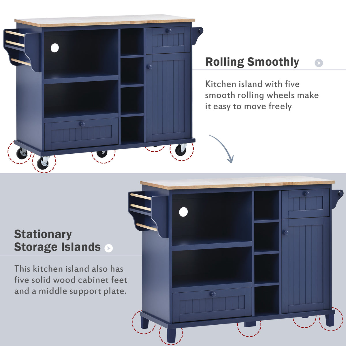 Kitchen Island Cart with Storage Cabinet and Two Locking Wheels,Solid wood desktop,Microwave cabinet,Floor Standing Buffet Server Sideboard for Kitchen Room,Dining Room,, Bathroom(Dark blue) WF296670AAN-djyc