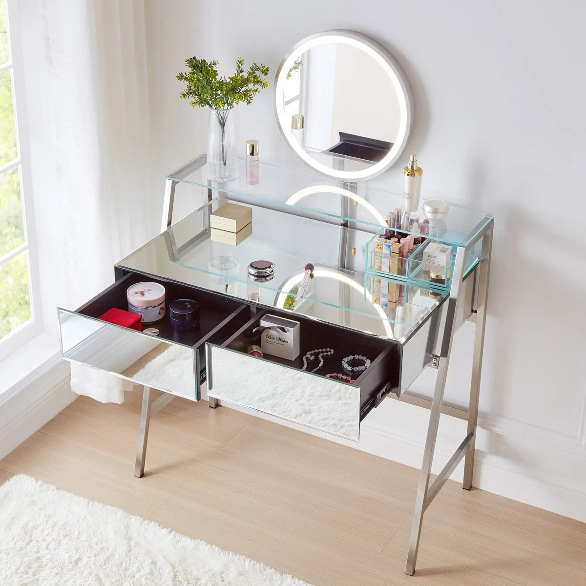 33.9" Mirrored Makeup Vanity Desk with Mirror and Lights, Mirrored Console Vanity Table with 2 Big Drawers & Open Shelf, Dressing Table with Charging Station for Bedroom, Silver FG202302AAA-djyc