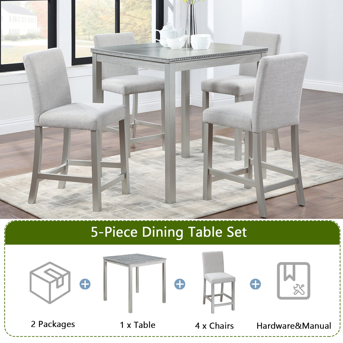 5 Piece Counter Height Table Set, Wooden Kitchen Table Set with Square Table and 4 Upholstered Chairs, Counter Height Dining Table with Crystal Decoration and Chair Set, Silver grey W1998S00039-djyc