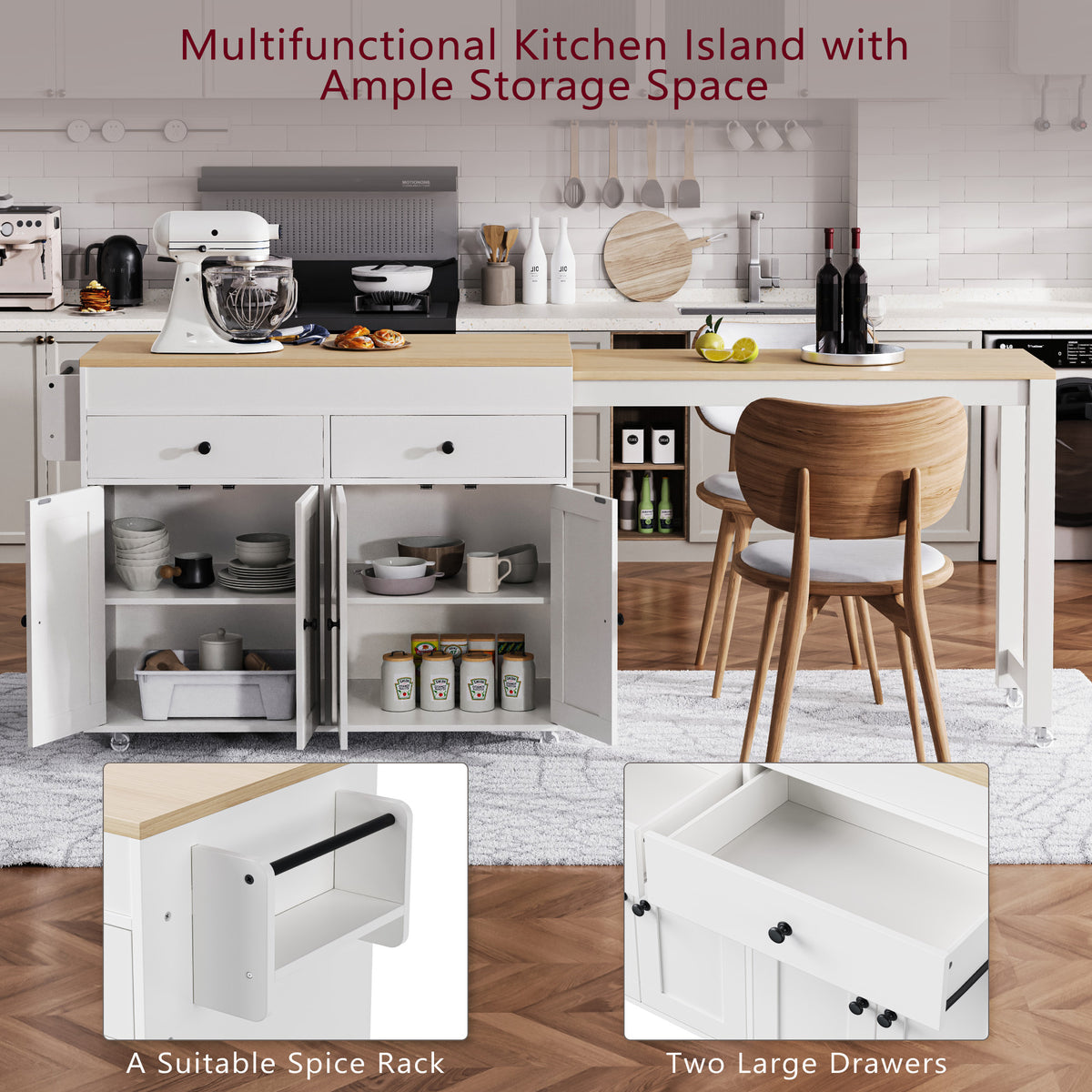 K&K 74.5 inch Kitchen Island with Extendable Dining Table , Rolling Kitchen Island on Wheels with Spice Rack and 2 Drawers,Kitchen Storage Cart with 4 Door Cabinet, for Kitchen, Dining Room, White N707S000009W-djyc