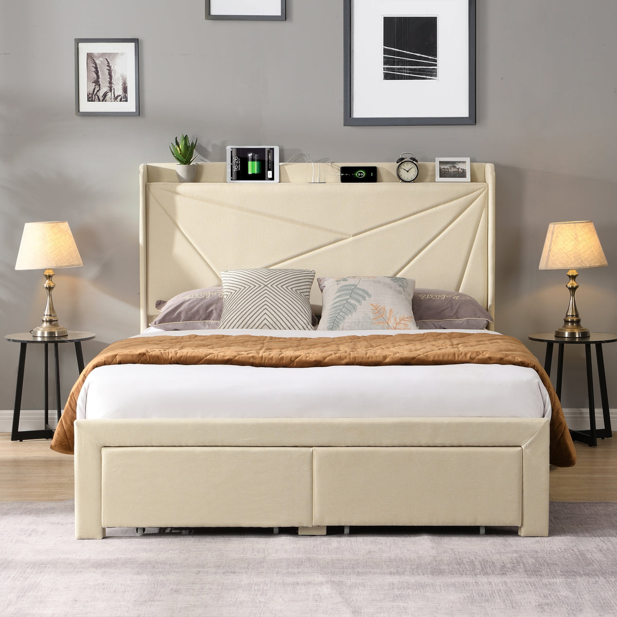 Full Size Bed Frame with 2 Storage Drawers, Upholstered Bed Frame with Wingback Headboard Storage Shelf Built-in USB Charging Stations and Strong Wood Slats Support, No Box Spring Needed, Beige W1916126256-djyc