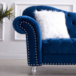 3 Piece Living Room Sofa Set, including 3-Seater Sofa, Loveseat and Sofa Chair, with Button and Copper Nail on Arms and Back, Five White Villose Pillow, Blue. W487S00051-djyc