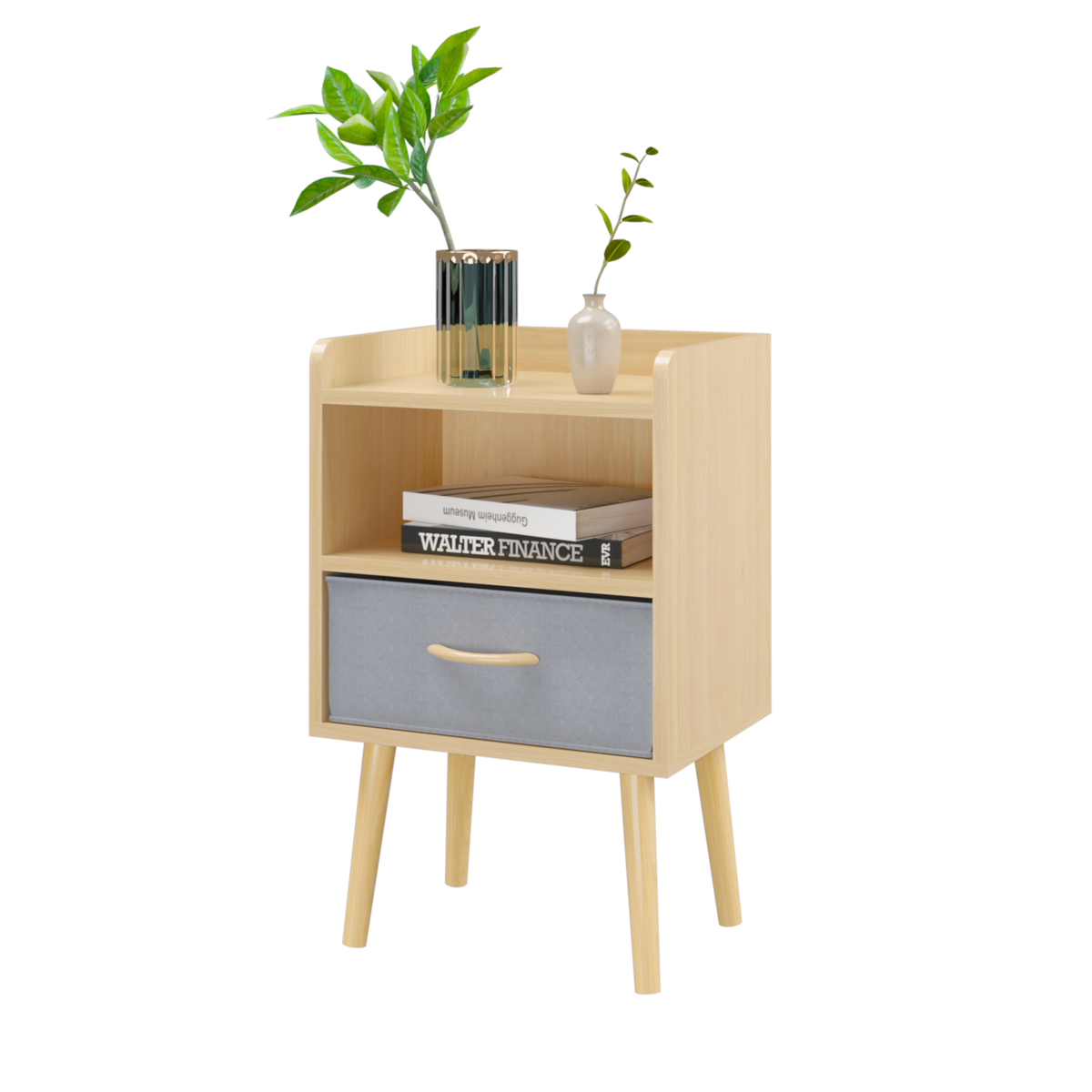 Nightstand With Collapsible Fabric Drawer, 2-Tier Storage End Table, Wood Side Table with Storage Cabinet or Kids, Adults - Oak W808P147110-djyc