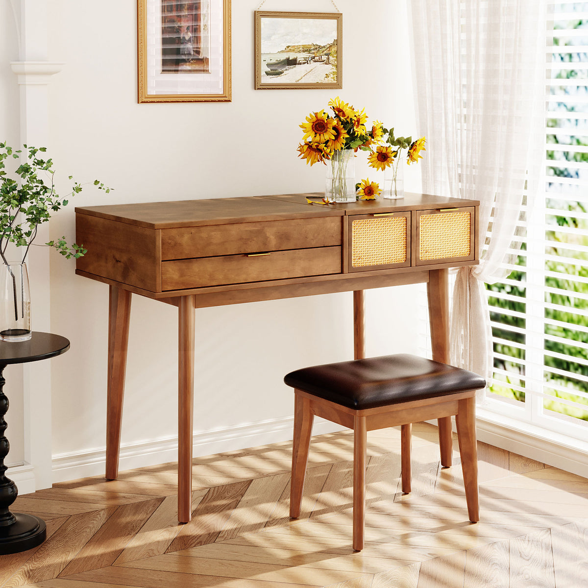 43.3" Classic Wood Makeup Vanity Set with Flip-top Mirror and Stool, Dressing Table with Three Drawers and storage space, Brown N704P165645-djyc