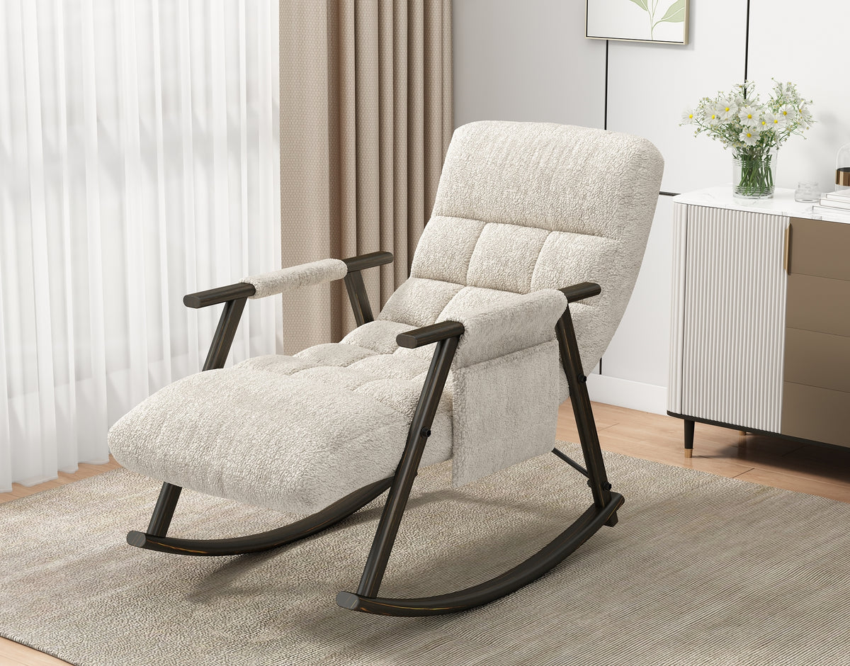 Casual folding rocking chair upholstered, lounge rocking chair adjustable high back and foot rest,side pockets placed in living room bedroom balcony W1669P163320-djyc