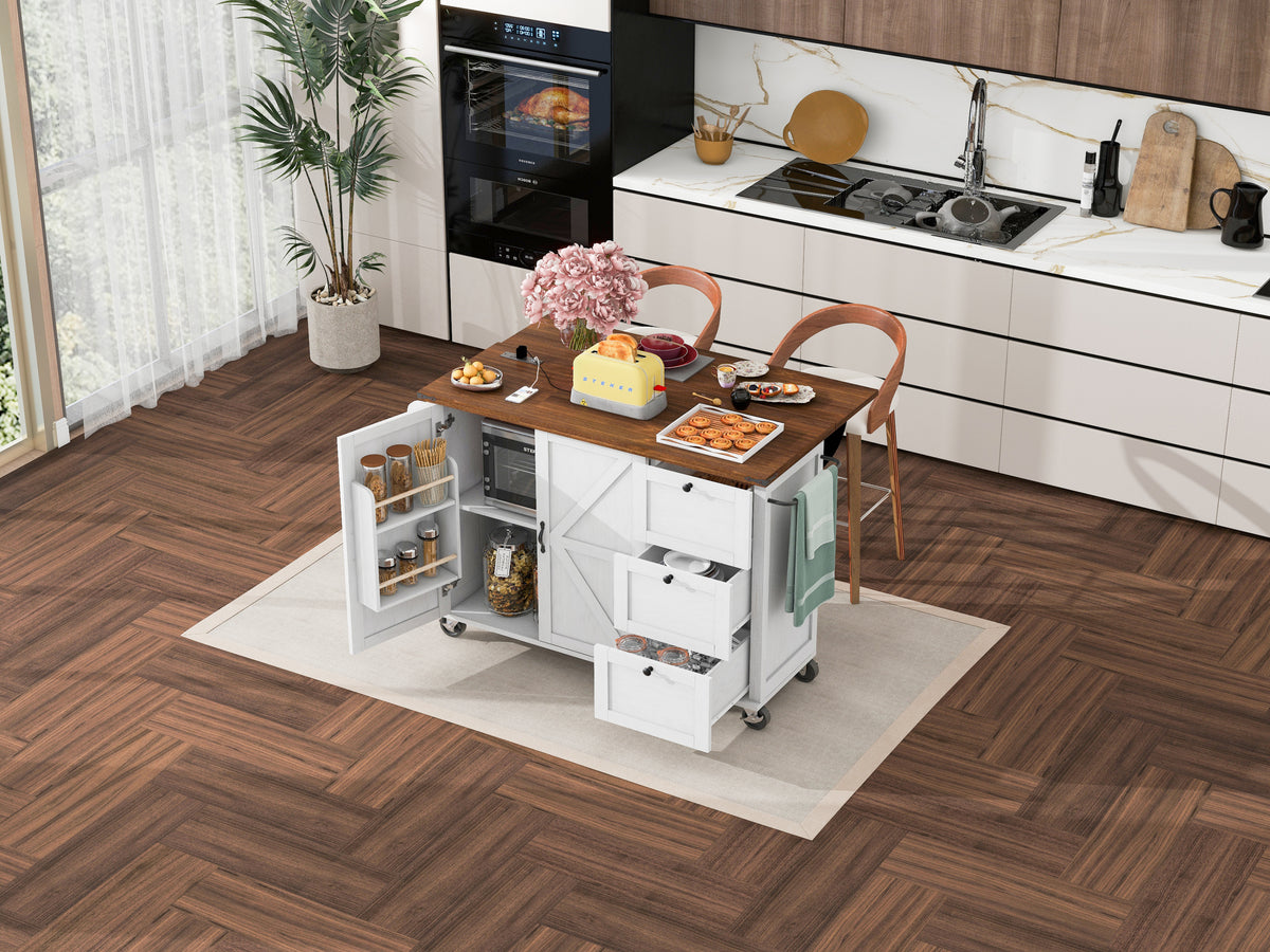 K&K 54.5" Farmhouse Kitchen Island with Power Outlet, Kitchen Storage Islandwith Internal Storage Rack, Drop Leaf, Spice Rack, Rolling Kitchen Cart on Wheels, for Home, Kitchen and Dining Room,White N707P170349W-djyc