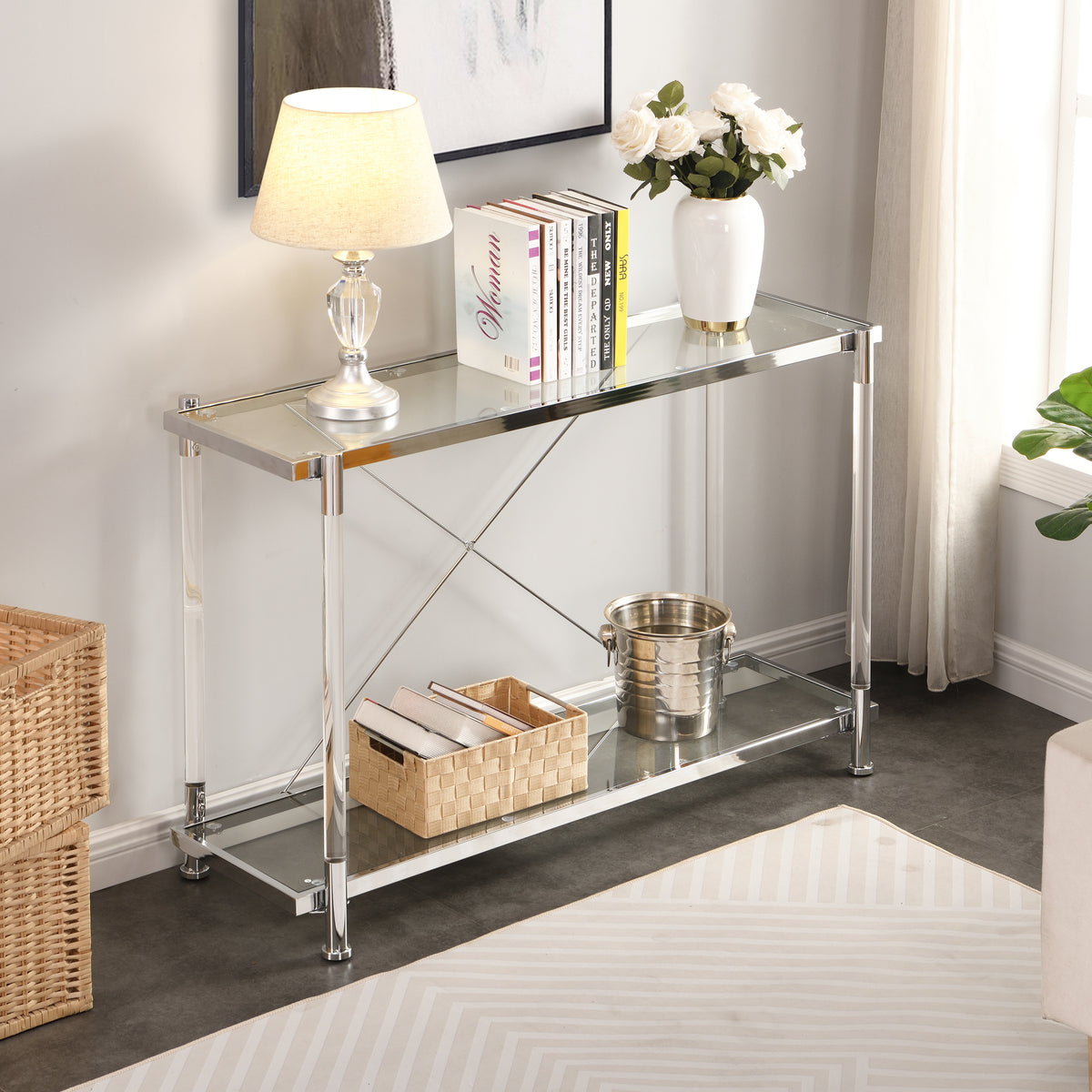 43.31'' Chrome Glass Sofa Table, Acrylic Side Table, Console Table for Living Room& Bedroom W821P184417-djyc