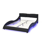 Queen Led Bed Frame Modern Faux Leather Upholstered Platform Bed Frame with RGB LED Lights and Headboard Wave Like Curve Low Profile Bed Frame,Wood Slats Support,Easy Assembly, Black W487P169716-djyc