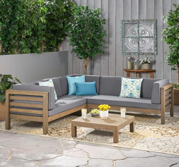 OANA OUTDOOR WOODEN SECTIONAL SET WITH CUSHIONS, DARK GREY 59101-02-64495DGY-64496GRY-djyc