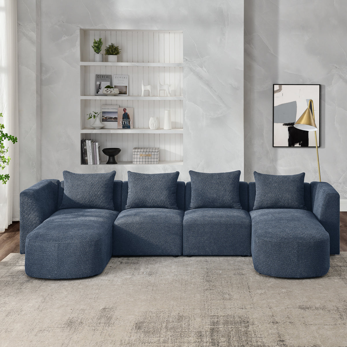 U Shape Sectional Sofa including Two Single Seats and Two Chaises, Modular Sofa, DIY Combination, Loop Yarn Fabric, Navy W487S00162-djyc