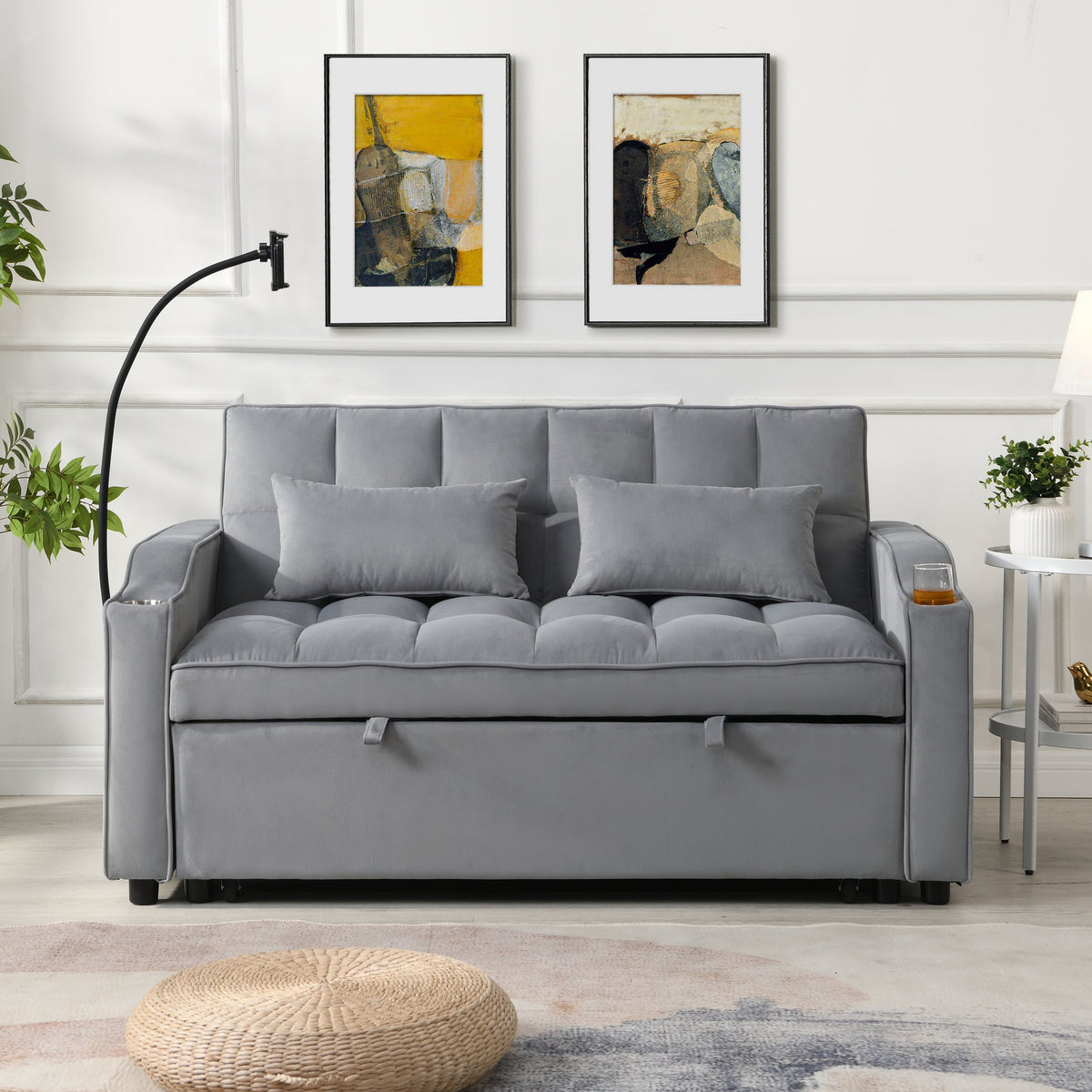 Modern Velvet Loveseat Futon Sofa Couch w/Pullout Bed,Small Love Seat Lounge Sofa with adjustable Reclining Backrest,Toss Pillows, Pockets,Furniture for Living Room,3 in 1 Convertible Sleeper Sofa Bed W311P195252-djyc