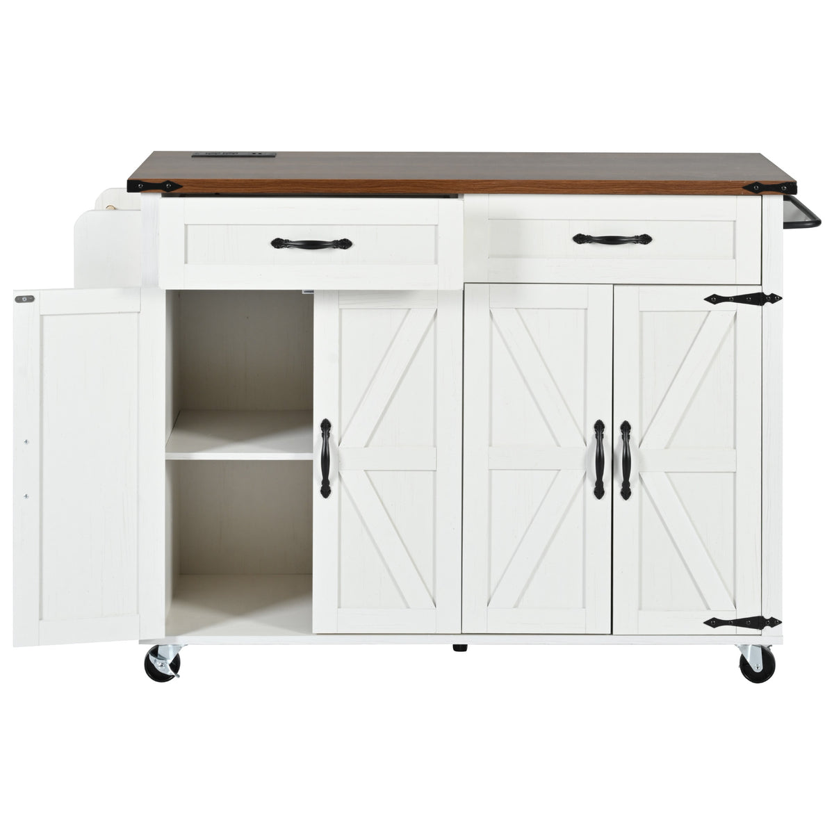 K&K 53.5''Farmhouse Kitchen Island with Power Outlet, Kitchen Storage Island with Drop Leaf, Spice Rack and Drawer, Rolling Kitchen Cart on Wheels, for Home, Kitchen and Dining Room, White N707P170348W-djyc