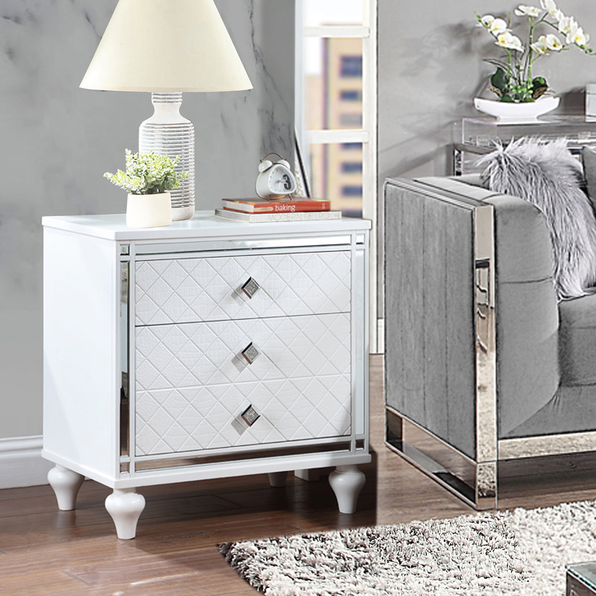 Contemporary Nightstands with mirror frame accents, Bedside Table with two drawers and one hidden drawer, End Table with Crystal Pull for Living Room,Bedroom, White W1998131730-djyc