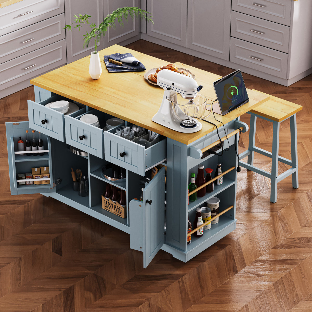 K&K 53inch Large Kitchen Island with Drop Leaf,Power Outlet,Door Internal Storage Rack,Rolling Kitchen Cart on 5 Wheels with 5 Open Side Racks for Kitchen,Dining Room,Grey Blue(Not include bar stools) N707P185531G-djyc