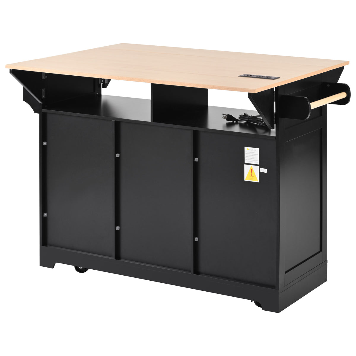 K&K 55.7'' Large Kitchen Island with 2 Drop Leaf,, Rolling Kitchen Cart on 5 Wheels with Power Outlet, Folding Storage Dining Table with Spice & Towel Rack , 3 Drawers, for Kitchen, Dining Room,Black N707P186617B-djyc