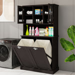 Two-Compartment Tilt-Out Dirty Laundry Basket Tall Bathroom Cabinet with 2 Adjustable Shelves-Black W1120S00002-djyc