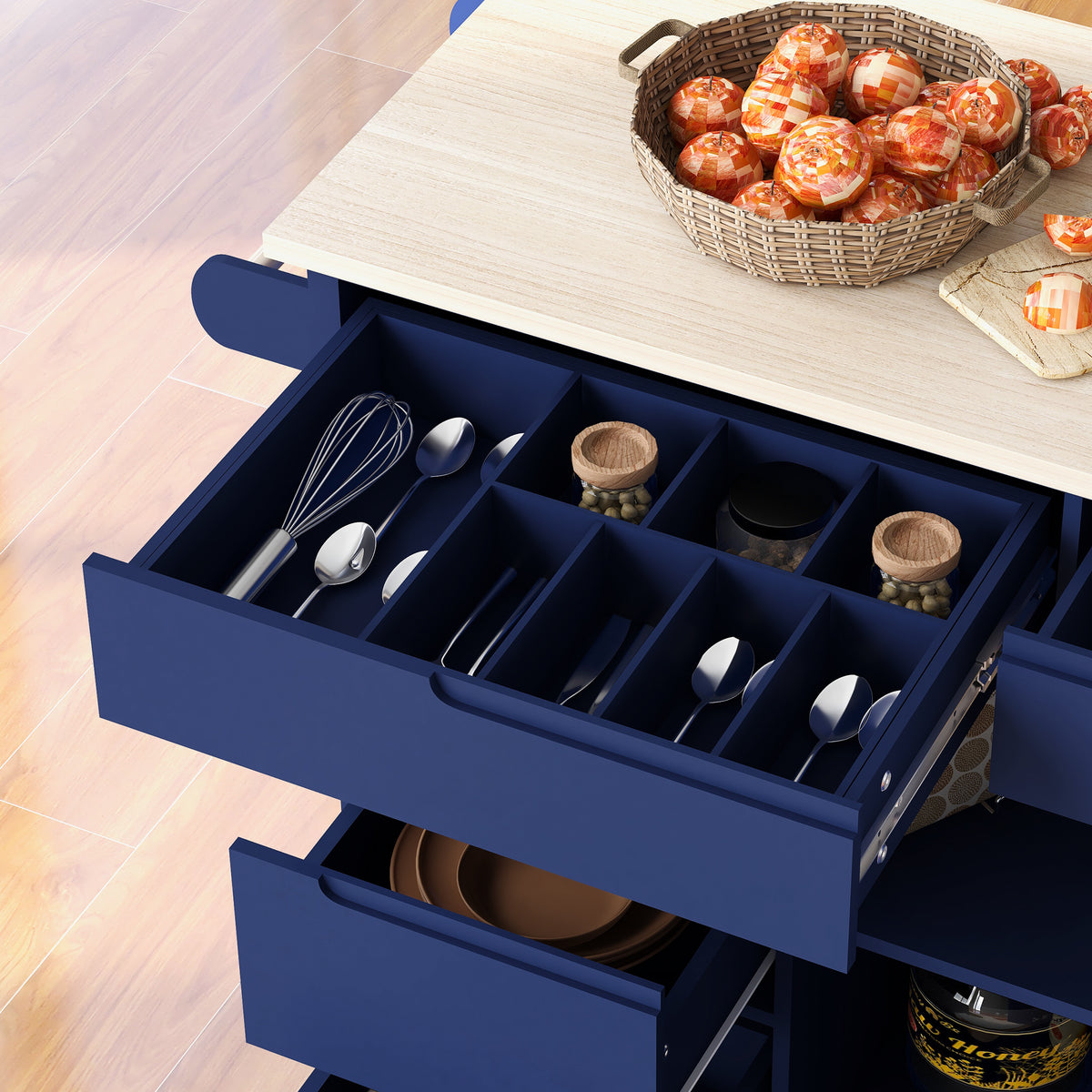 K&K Store Kitchen Cart with Rubber Wood Countertop , Kitchen Island has 8 Handle-Free Drawers Including a Flatware Organizer and 5 Wheels for Kitchen Dinning Room, Dark Blue SK000002AAG-djyc