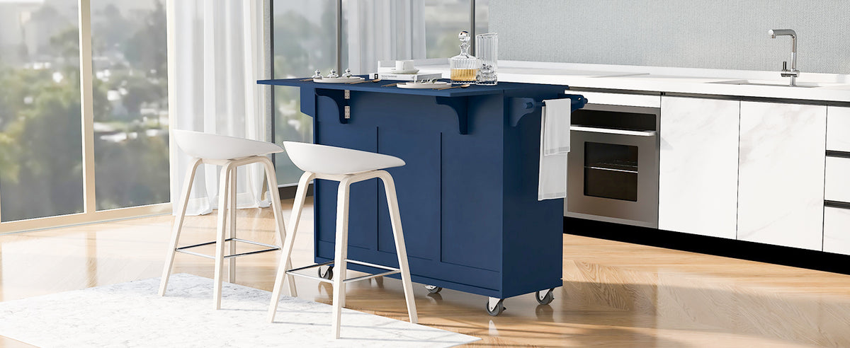 K&K 53.2''Kitchen Island with Drop Leaf, Kitchen Storage Cart with Spice Rack, Towel Rack and 2 Drawers, Rolling Kitchen Island on Wheels with Adjustable Shelves for Kitchen, Dining Room, Navy Blue N707P173041G-djyc