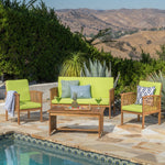 Outdoor Acacia Wood Sofa Set with Water Resistant Cushions, 4-Pcs Set, Brown Patina / Light Green 59116.00LGRN-djyc