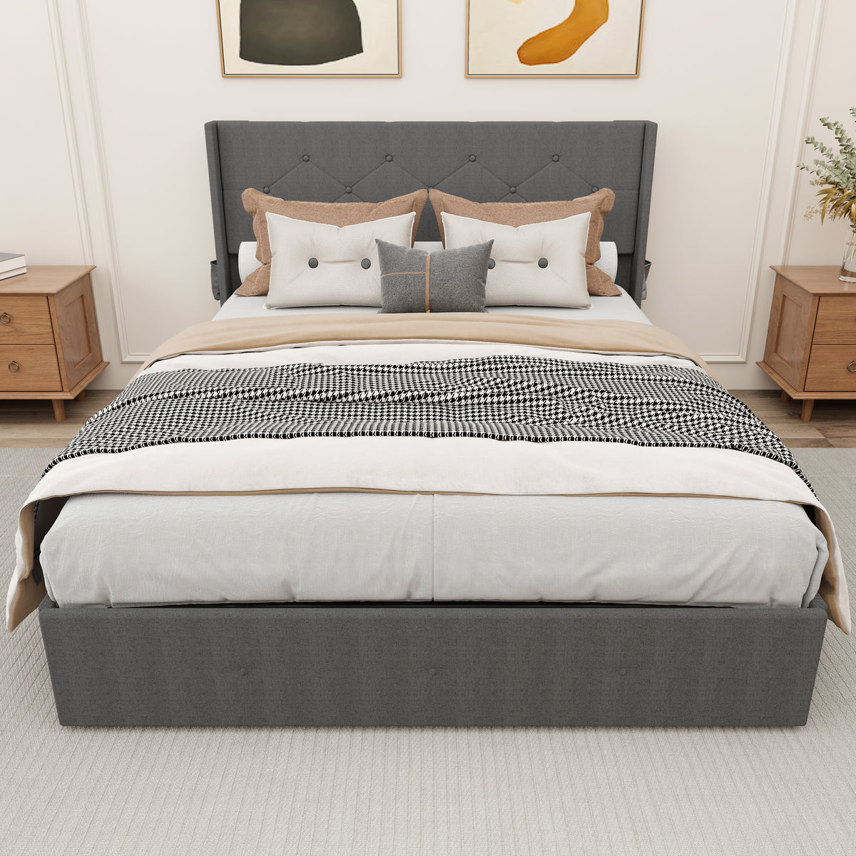 Full Size Bed Frame with Gas Lift Storage Bed with Modern Wingback Headboard, USB Ports W1960P176242-djyc