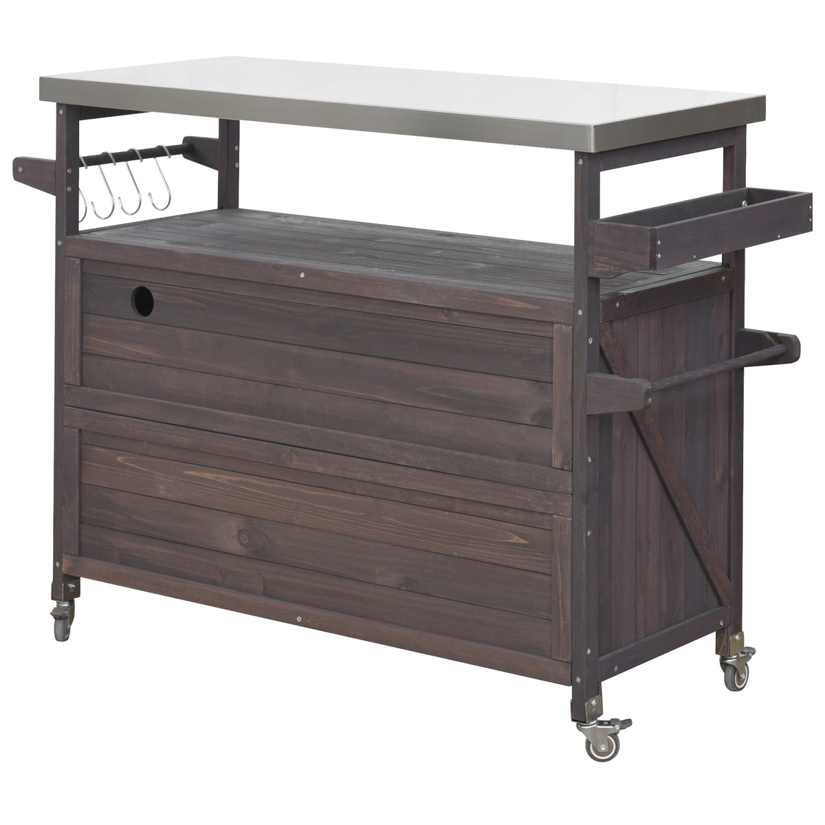 K&K Outdoor Kitchen Island, Rolling Bar Cart & Storage Cabinet, Farmhouse Solid Wood Outdoor Grill Table with Stainless Steel Top, Spice Rack , Towel Rack for Kitchen & Barbecue , Dark Brown WF532198AAZ-djyc