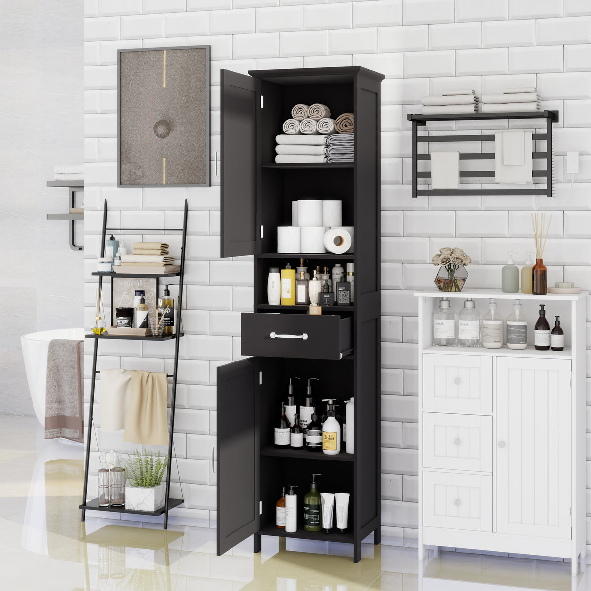 Double Door Narrow Height Slim Floor Standing Cabinet with 2 Adjustable Shelves-Black W282P171953-djyc