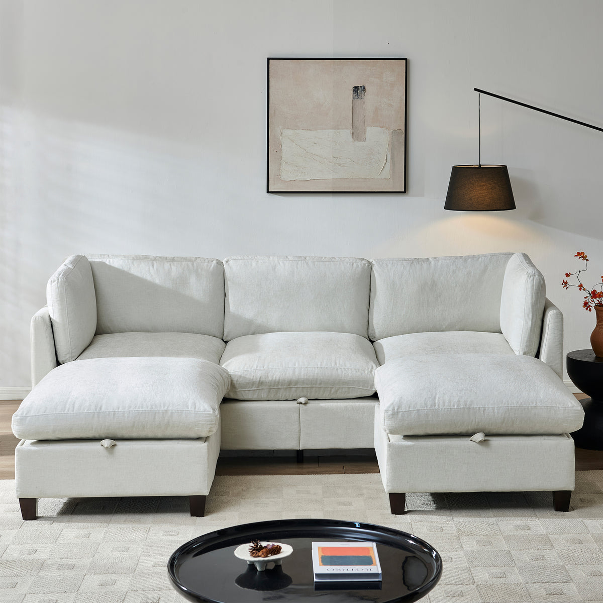 96.5'Sectional Couch for Living room, Upholstered Soft Chenille Fabric Sofa with Storage, 3-Seater with Two Ottomans U Shape Sofa Beige-W1097S00284