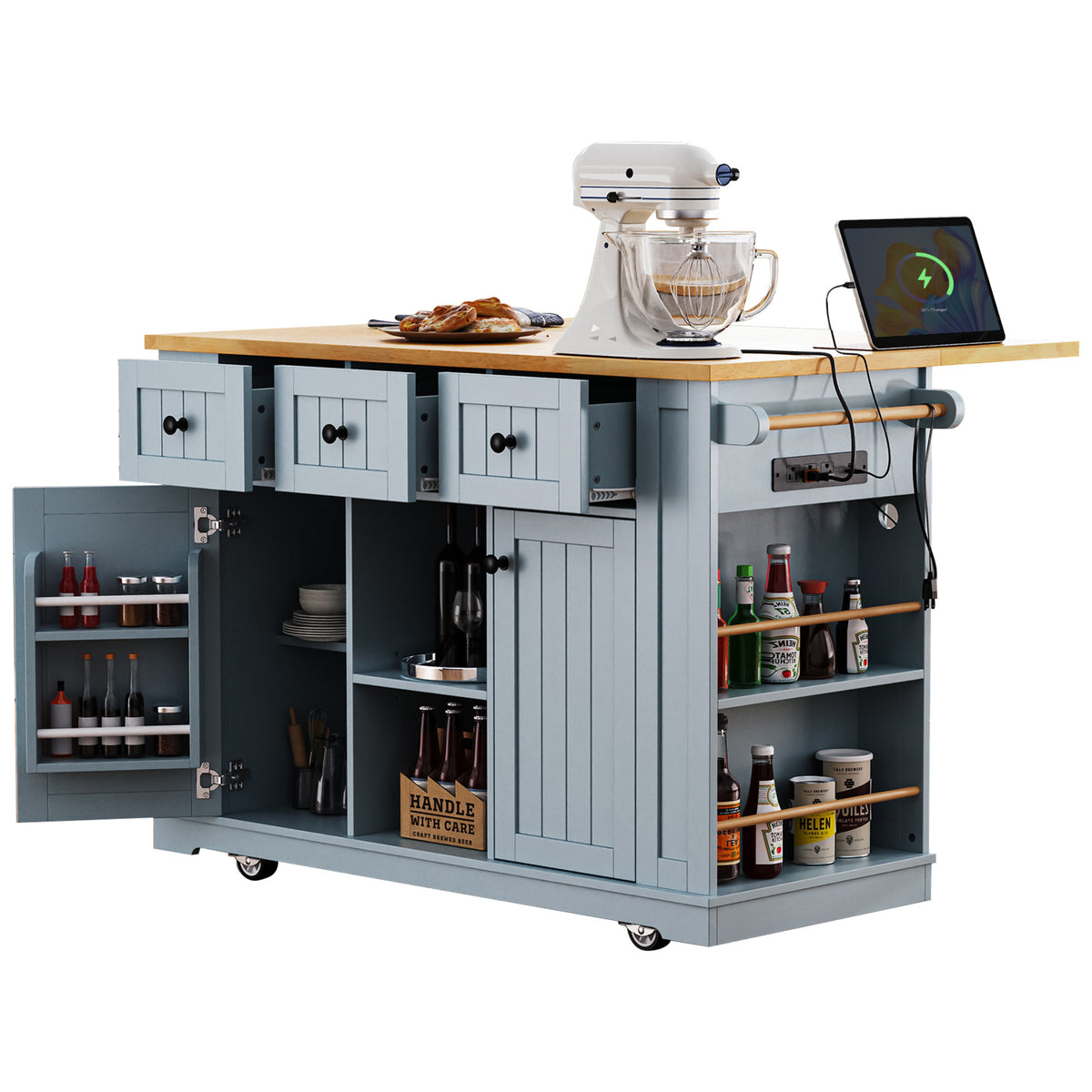 K&K 53inch Large Kitchen Island with Drop Leaf,Power Outlet,Door Internal Storage Rack,Rolling Kitchen Cart on 5 Wheels with 5 Open Side Racks for Kitchen,Dining Room,Grey Blue(Not include bar stools) N707P185531G-djyc