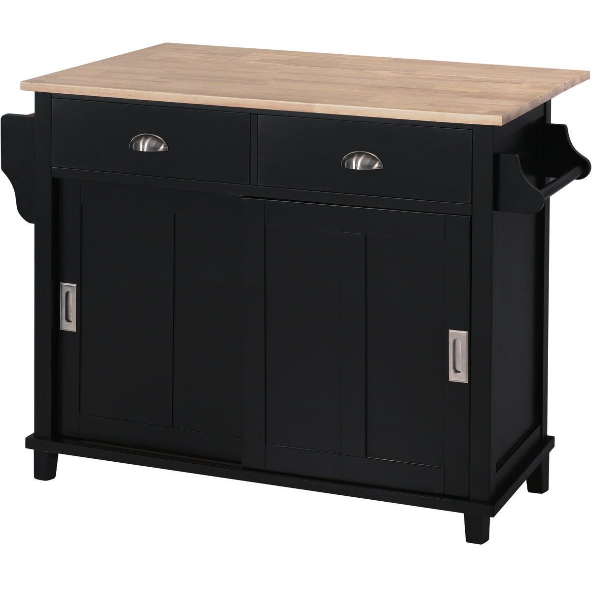 Kitchen Cart with Rubber wood Drop-Leaf Countertop, Concealed sliding barn door adjustable height,Kitchen Island on 4 Wheels with Storage Cabinet and 2 Drawers,L52.2xW30.5xH36.6 inch, Black SK000001AAB-djyc