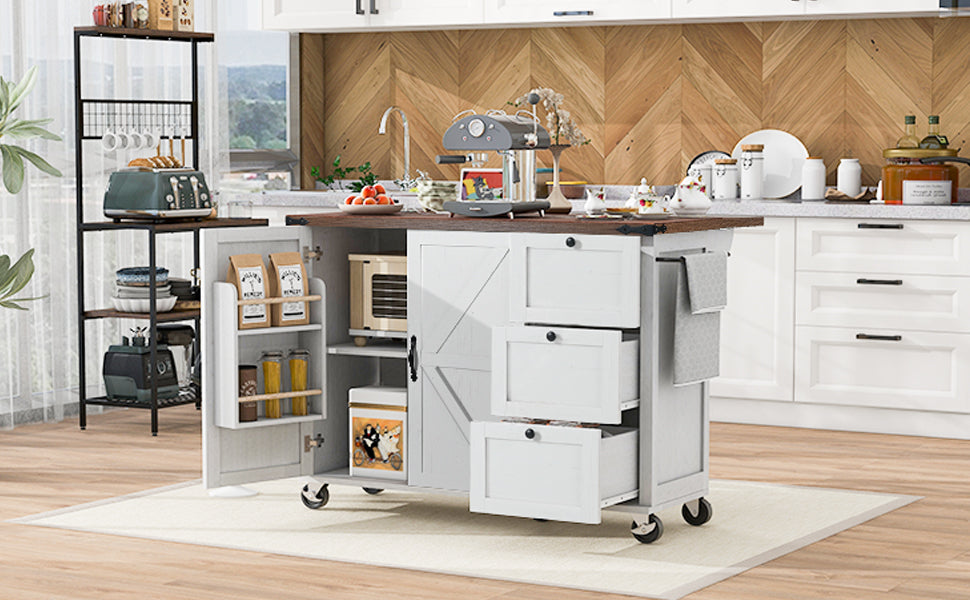 K&K 54.5" Farmhouse Kitchen Island with Power Outlet, Kitchen Storage Islandwith Internal Storage Rack, Drop Leaf, Spice Rack, Rolling Kitchen Cart on Wheels, for Home, Kitchen and Dining Room,White N707P170349W-djyc